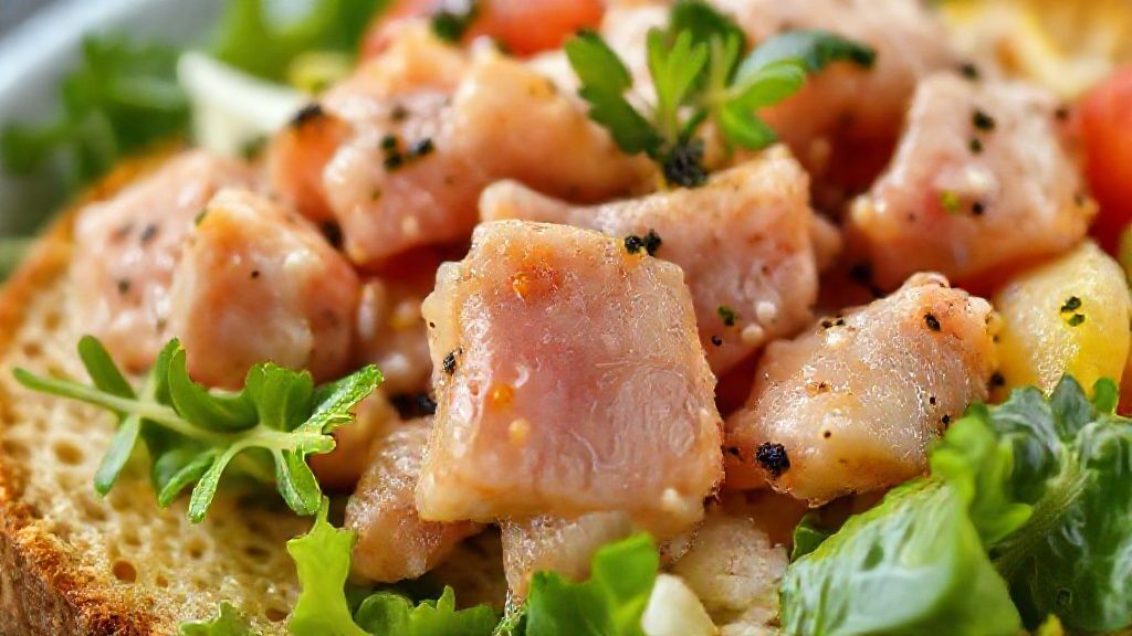 Close-up mostrando a textura crocante do pão, o brilho do azeite e a cor viva dos vegetais