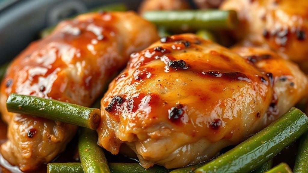 Close-up da sobrecoxa suculenta com quiabo frito e molho espesso, realçando textura e brilho.