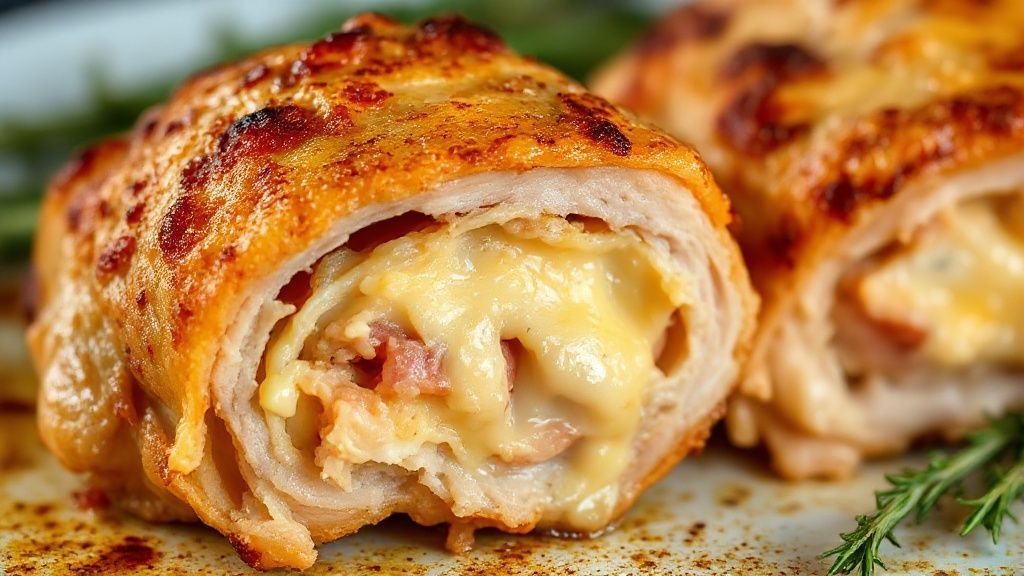 Close-up da pele crocante e do recheio cremoso da sobrecoxa pronta