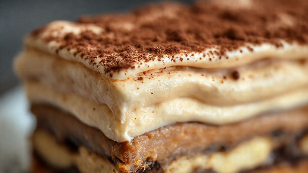 Close-up destacando textura cremosa e camadas visíveis do doce gelado com cacau por cima.