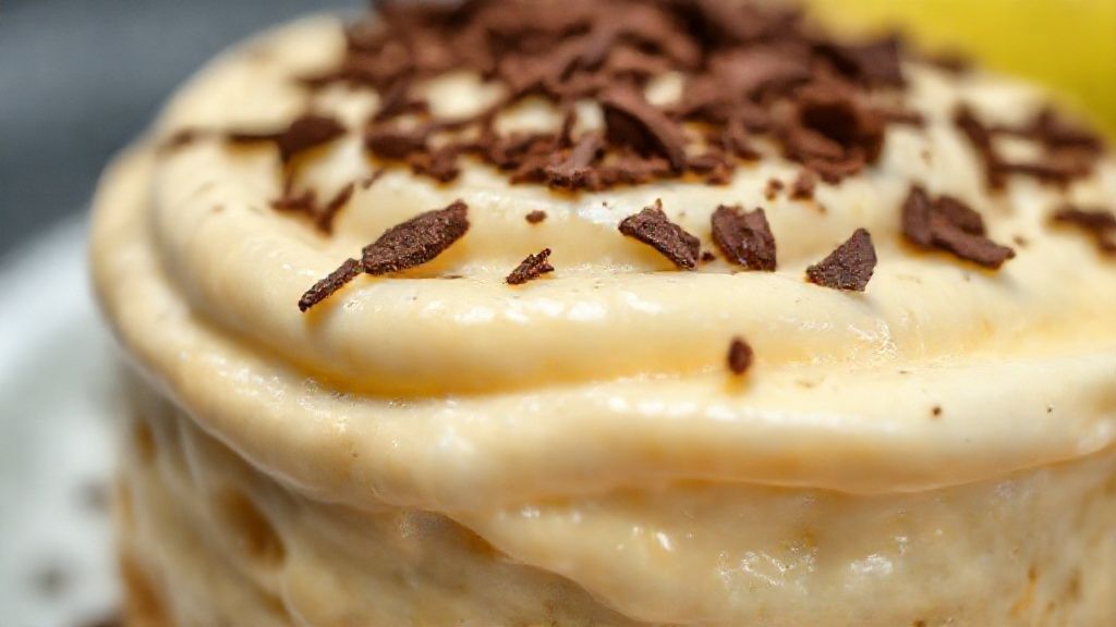 Close-up da sobremesa finalizada, mostrando a textura aerada e a cremosidade, com raspas de chocolate por cima