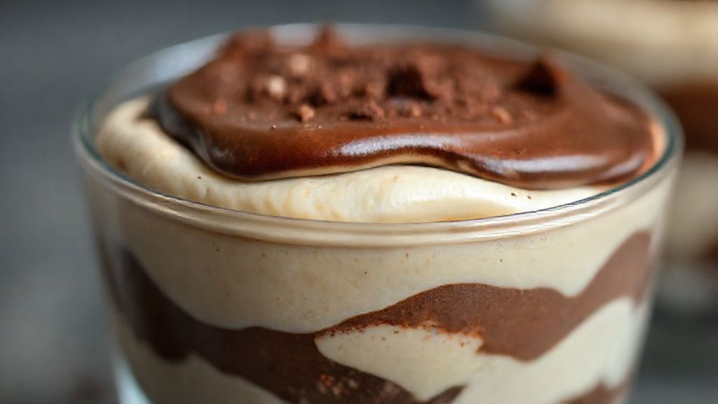 Close-up do copinho mostrando as camadas de creme e ganache com raspas de chocolate por cima