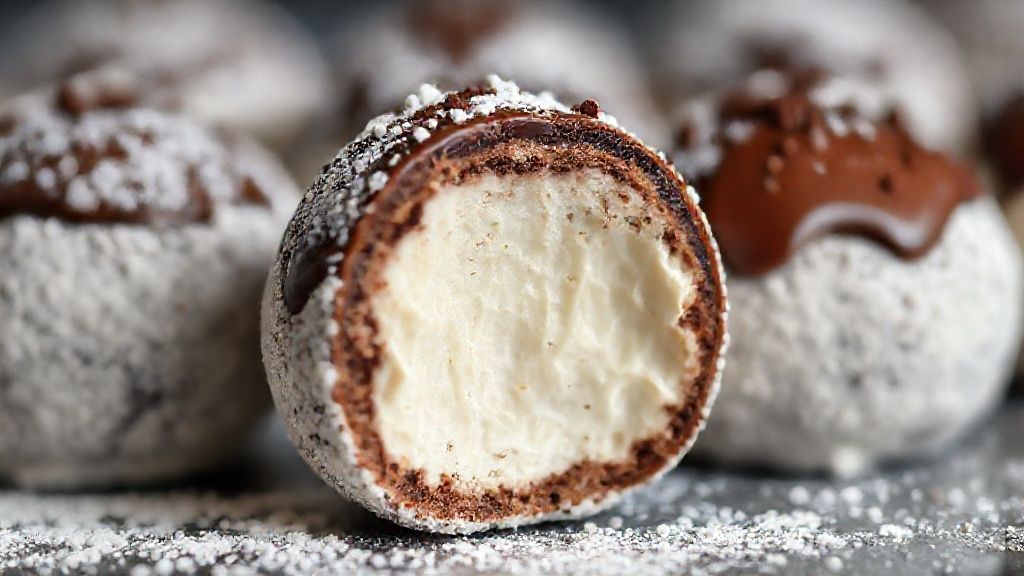 Close-up da sobremesa mostrando as camadas cremosas e bombons decorativos