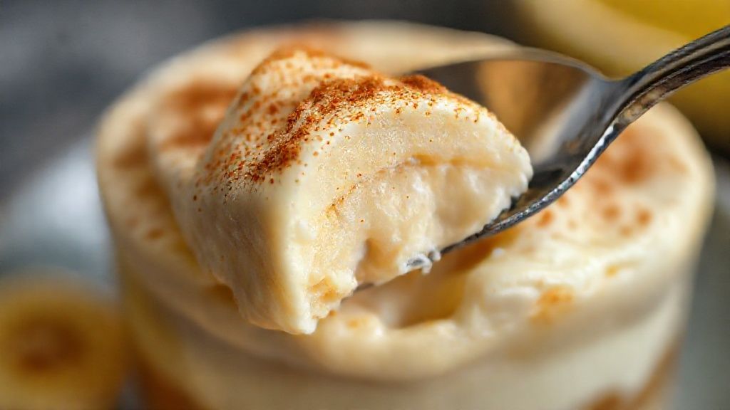 Close-up do doce finalizado mostrando camadas cremosas e canela polvilhada no topo