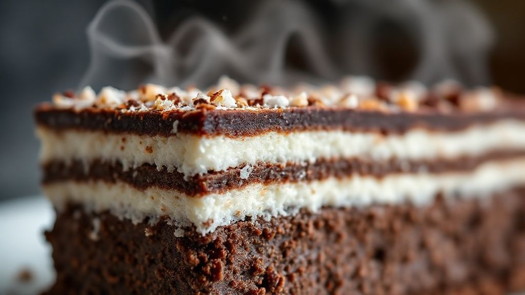 Close-up da sobremesa prestígio pronta, destacando a textura cremosa do chocolate e do coco