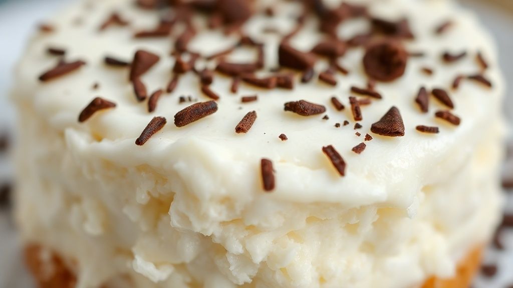 Close-up da sobremesa sem fogo firme e cremosa, com textura sedosa e cobertura de granulado