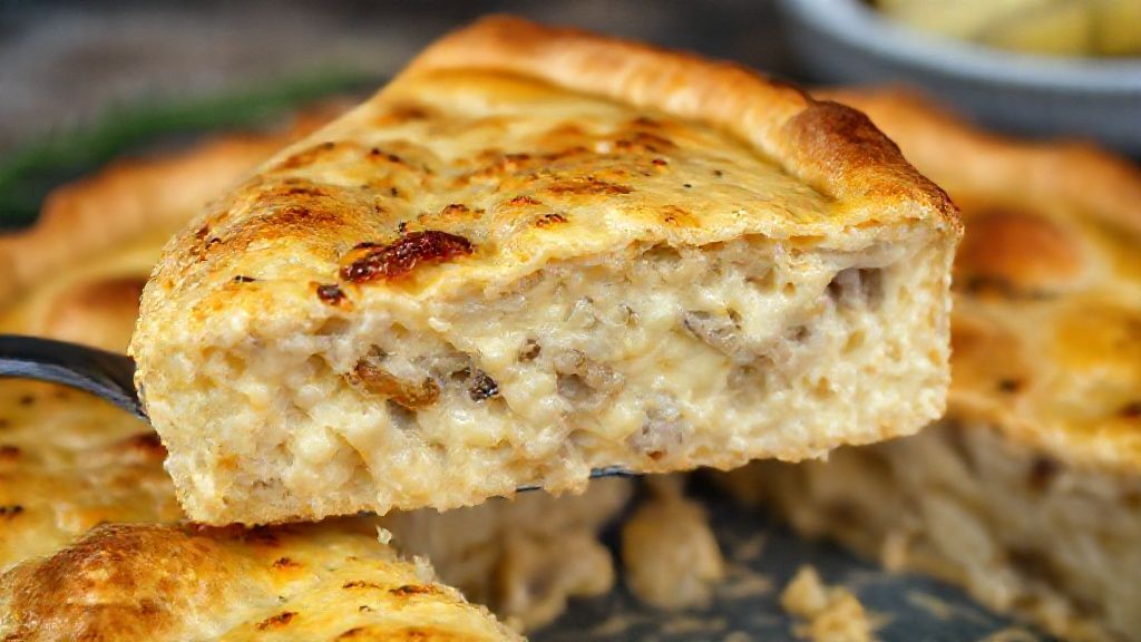 Close-up do prato pronto, mostrando a textura cremosa do recheio e a crosta dourada da torta