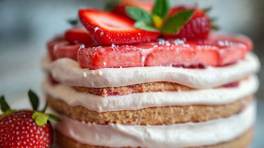 Close-up destacando as camadas cremosas e os morangos frescos sobre a torta