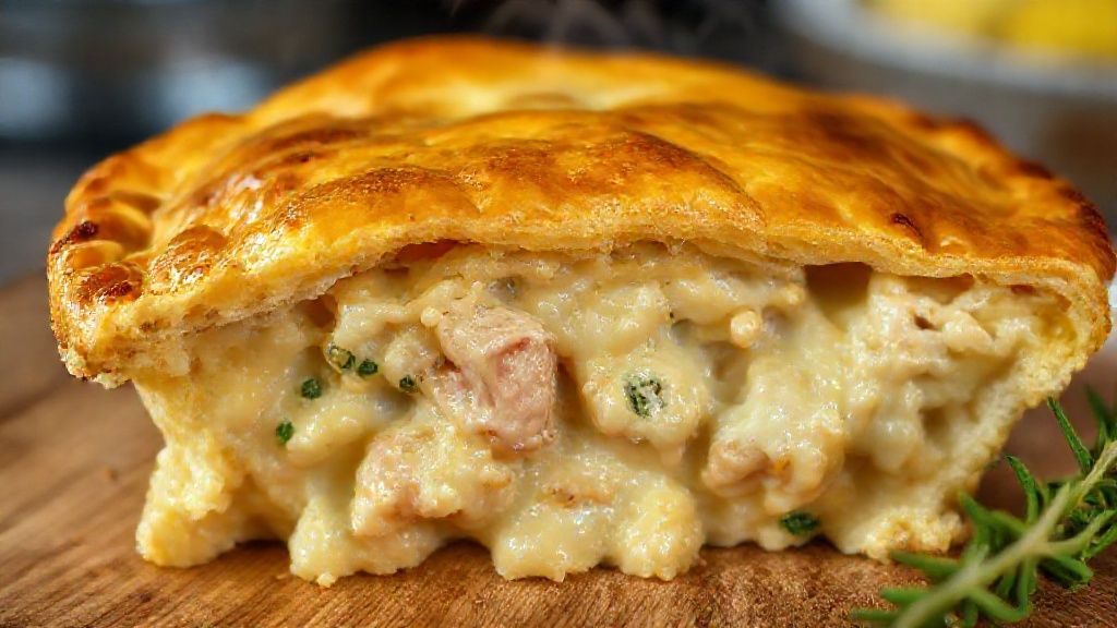 Close-up da torta de frango pronta, mostrando a textura cremosa e a massa dourada