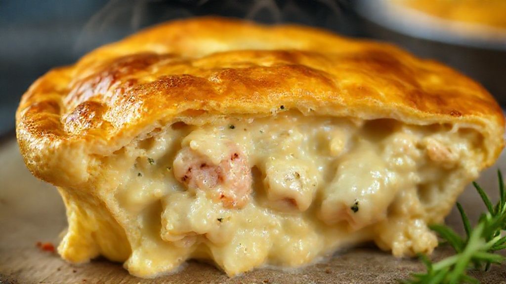 Close-up da torta de frango cremosa pronta, mostrando a textura da massa e o recheio cremoso