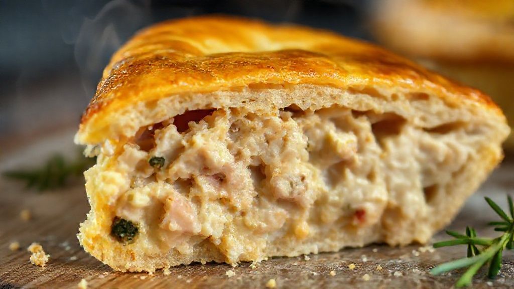 Close-up de uma fatia da torta de frango mostrando a textura da massa e o recheio cremoso