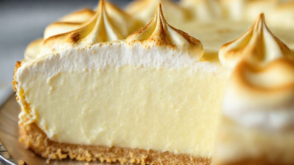 Close-up do corte da torta mostrando o recheio cremoso e o merengue dourado