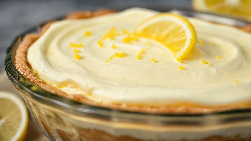 Close-up da torta de limão pronta, mostrando textura cremosa e raspas de limão fresco no topo.