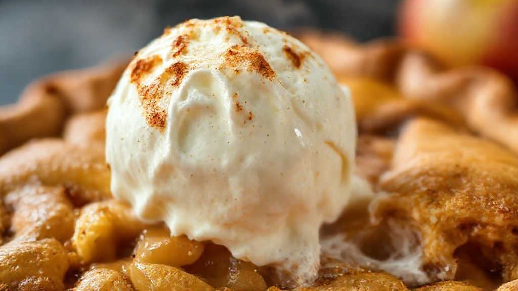 Close-up da torta de maçã servida com sorvete derretendo, destacando textura crocante e maçãs caramelizadas.