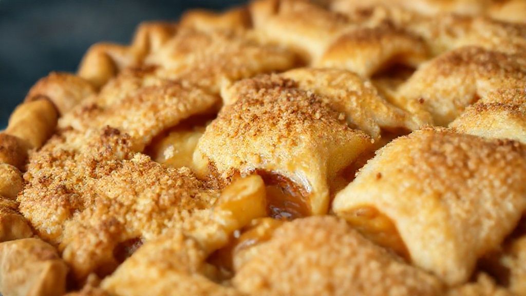 Close-up da torta de maçã crocante cortada, mostrando o recheio suculento e a massa dourada