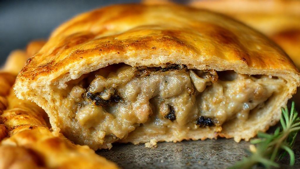 Close-up mostrando a textura da torta cortada, com recheio de sardinha, tomate e cebola destacados
