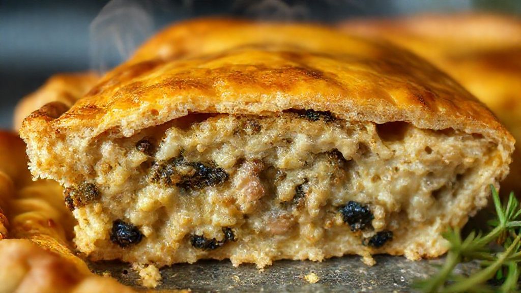 Close-up da torta dourada cortada, mostrando a textura fofa da massa e o recheio úmido de sardinha