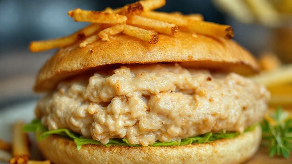 Close-up mostrando textura cremosa e decoração com batata palha da torta fria de frango pronta