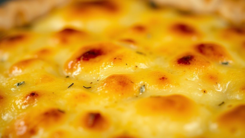 Close-up mostrando a textura fofa da torta e o recheio cremoso de queijo e presunto