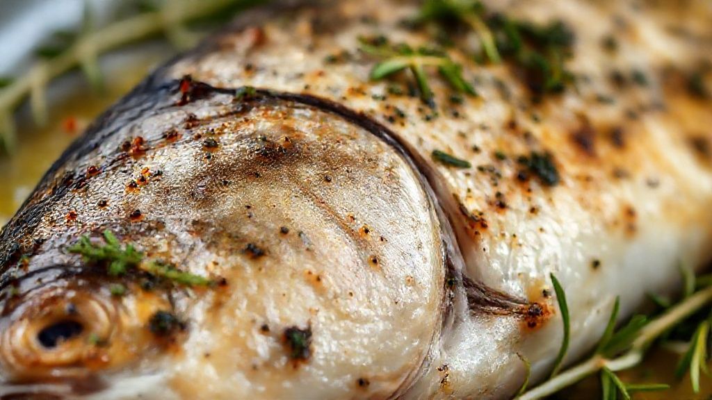 Close-up da truta dourada, destacando a pele crocante e as ervas frescas sobre o peixe