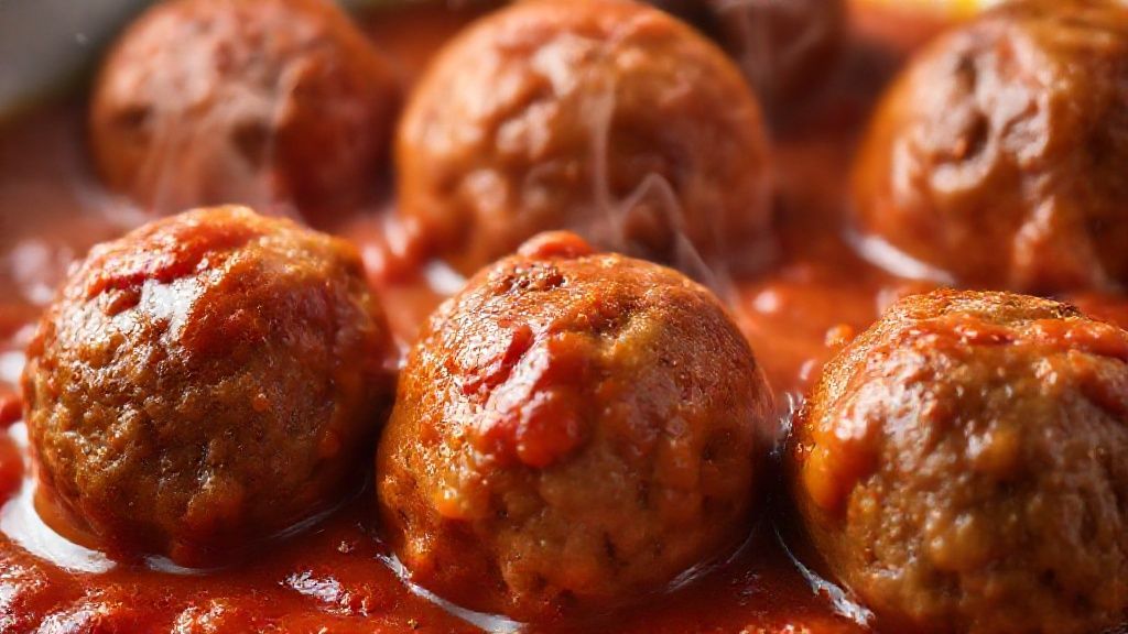 Close-up das almôndegas suculentas cobertas com molho de tomate e cheiro-verde, textura brilhante e convidativa.