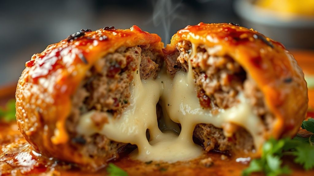 Close-up mostrando o interior da almôndega com o queijo derretendo, textura e brilho do molho evidentes