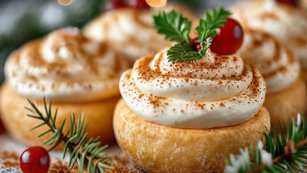 Close-up de pavê e rabanadas decoradas com frutas vermelhas e canela, prontos para servir