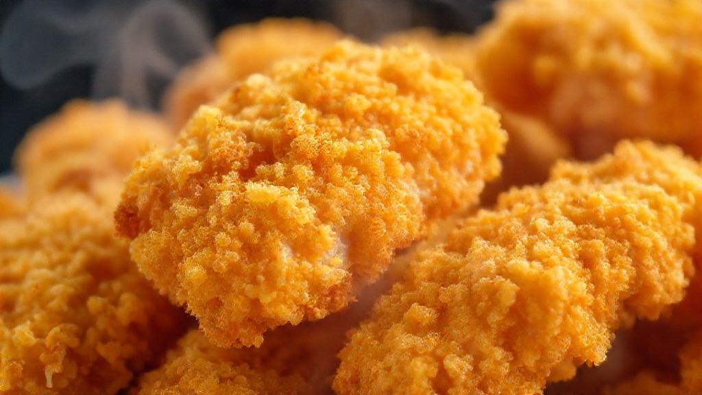 Close-up mostrando a textura crocante e dourada das tiras de frango prontas