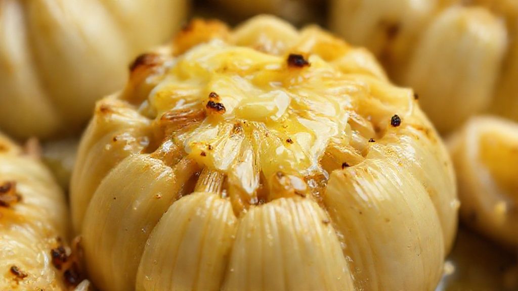 Close-up mostrando dentes de alho cremosos e dourados saindo das cascas, textura irresistível.