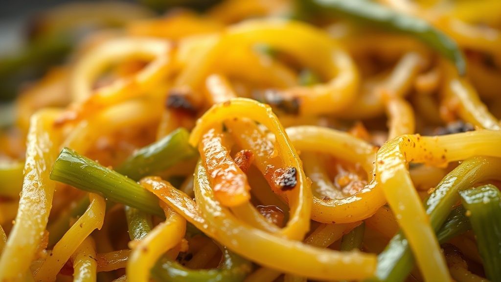 Close-up do alho-poró dourado com leve brilho, destacando textura e cores naturais.