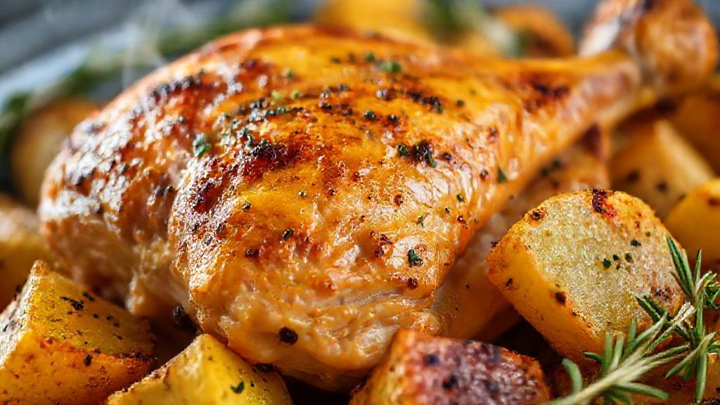 Close-up de prato servido com frango dourado e batatas crocantes com ervas