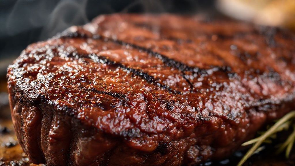 Close-up das fatias do ancho assado, mostrando textura e suculência da carne.
