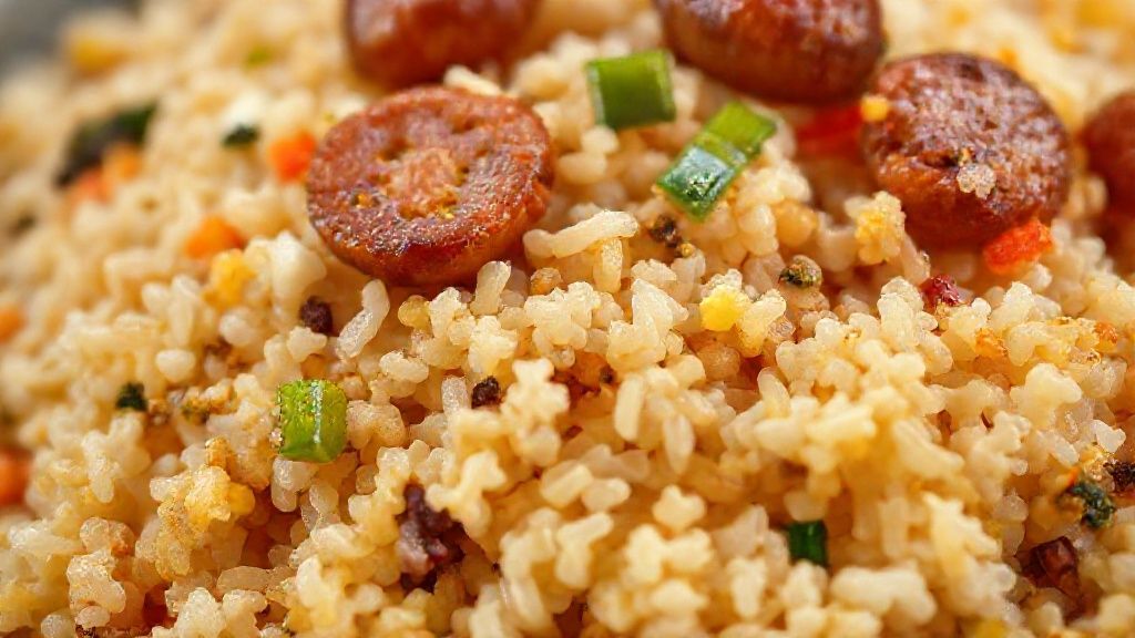 Close-up do arroz à moda sertaneja pronto, destacando os grãos soltinhos, pedaços de linguiça e o colorido dos legumes