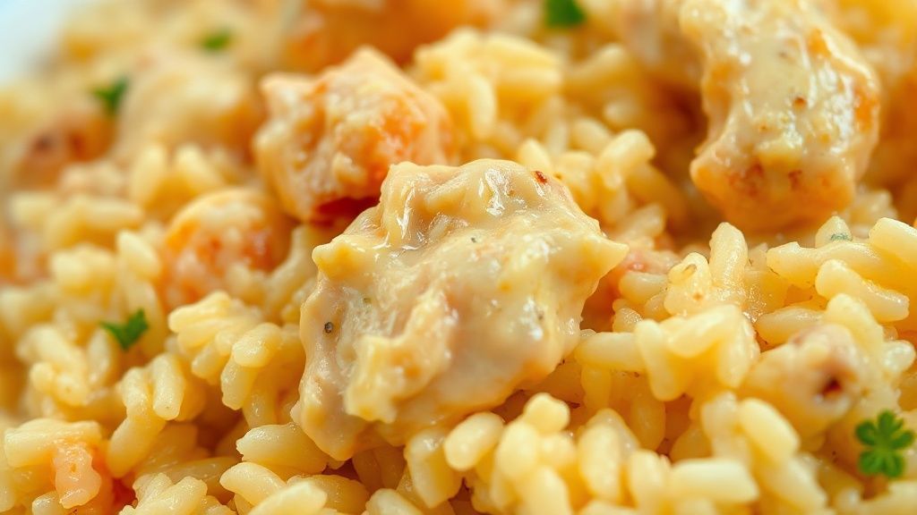 Close-up do arroz cremoso pronto, com o queijo derretendo e frango dourado em destaque