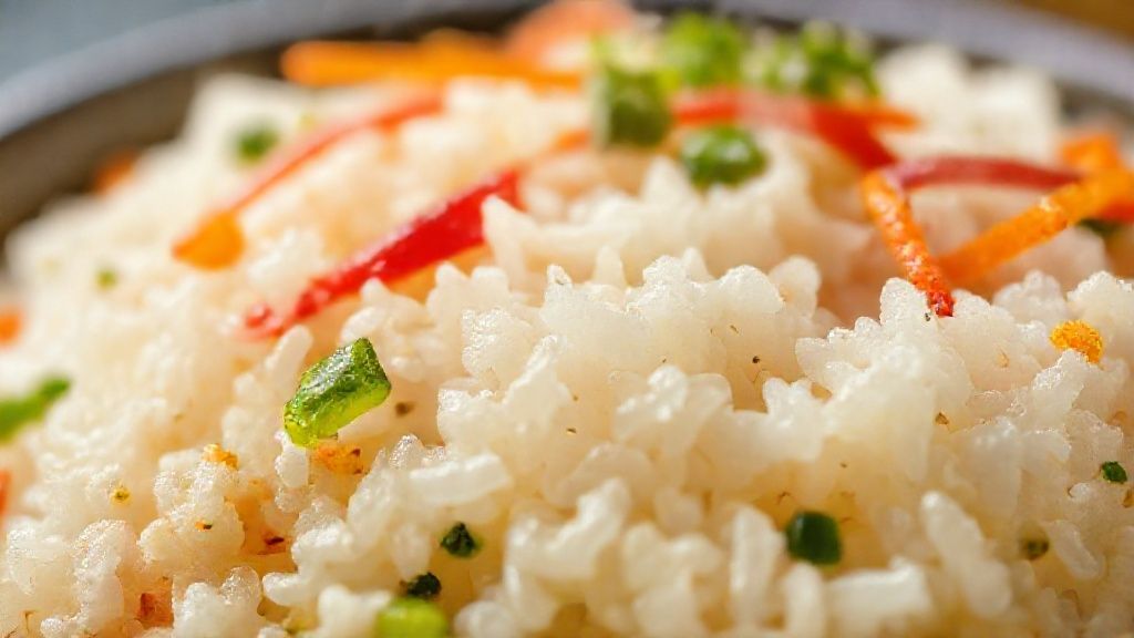 Close-up do arroz primavera servido, destacando cores e textura dos grãos e legumes