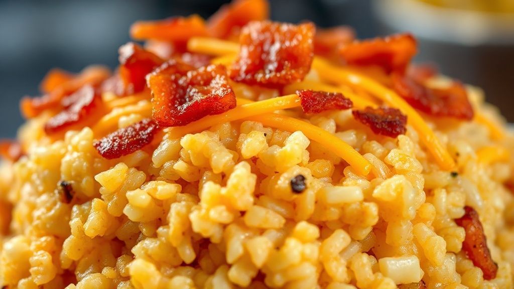 Close-up do arroz X-tudo pronto, mostrando o queijo derretendo e a textura cremosa.