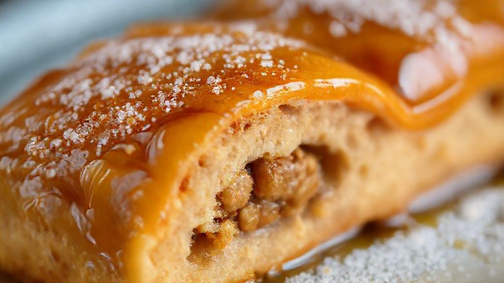 Close-up do ataif cortado, mostrando o recheio de nozes e a calda brilhante