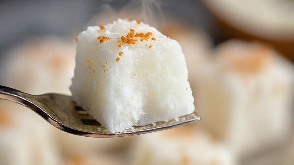 Close-up de um beijinho cremoso enrolado, coberto com coco ralado e decorado com cravo, destacando sua textura delicada