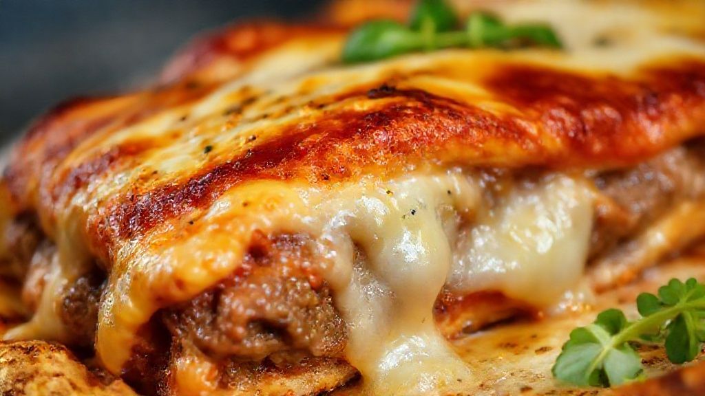 Close-up do bife à parmegiana com textura crocante e queijo derretendo