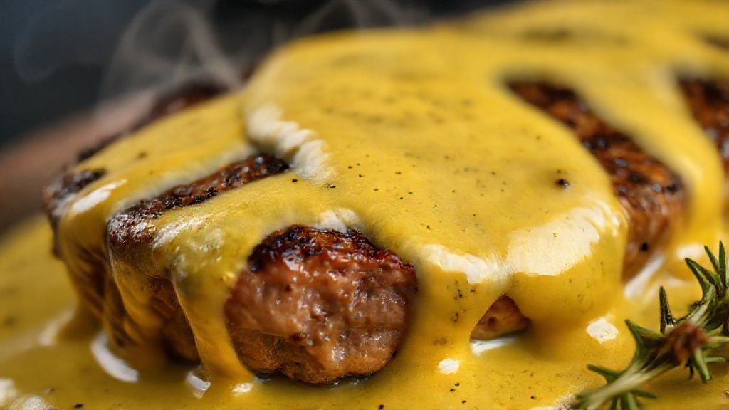 Close-up do bife coberto com molho de mostarda, destacando o brilho e a textura cremosa