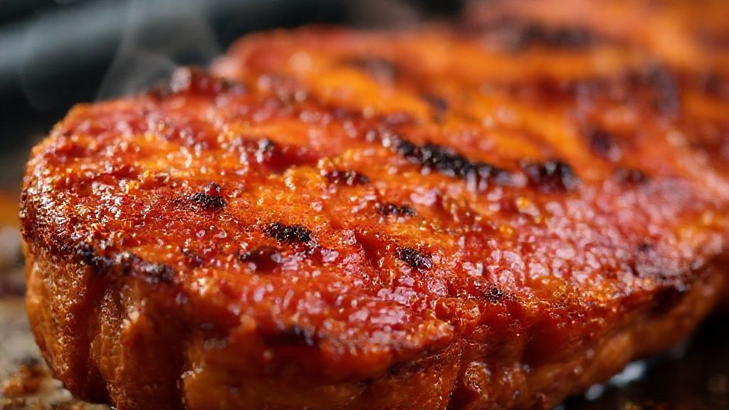 Close-up do bife de chorizo ao ponto, mostrando textura e suculência com crosta dourada