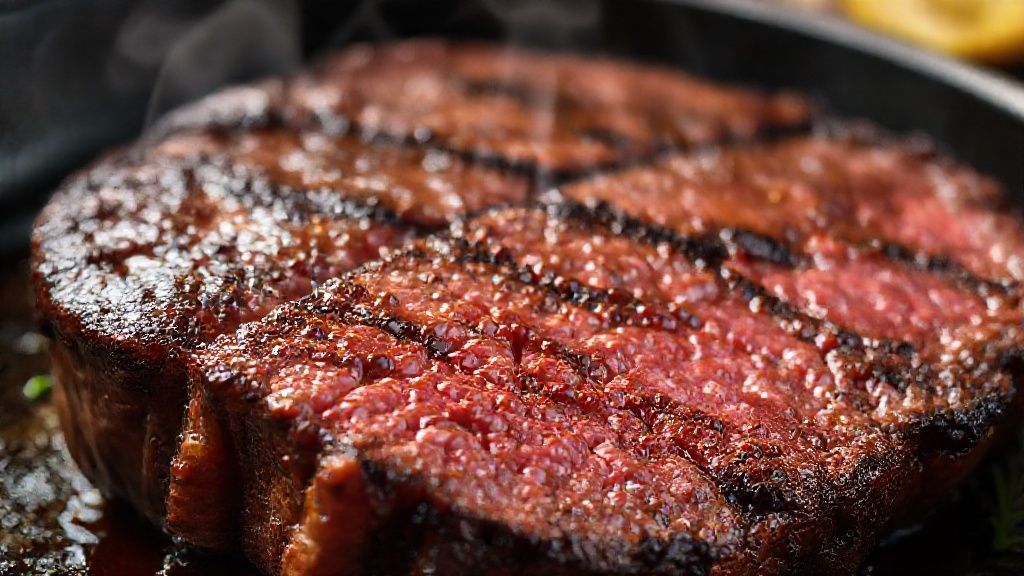 Close-up do bife de chorizo fatiado mostrando textura e suculência no ponto ideal.