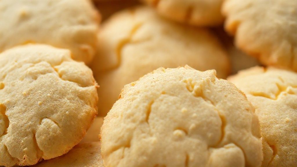 Close-up mostrando a textura delicada e as bordas douradas dos biscoitinhos prontos