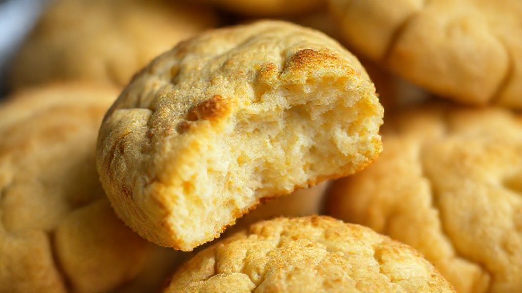 Close-up mostrando a textura crocante do biscoito de mandioca, com foco no interior macio e na cor dourada.