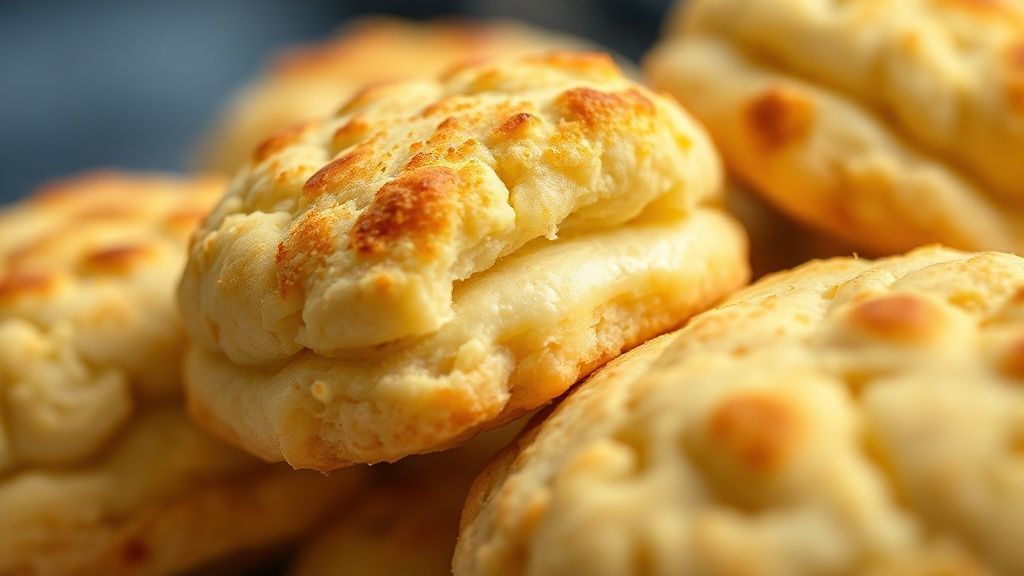 Close-up de biscoito de queijo com nata destacando a textura crocante e interior leve