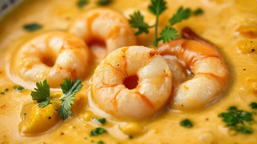 Close-up mostrando a textura cremosa do bobó, com camarões suculentos e coentro fresco por cima