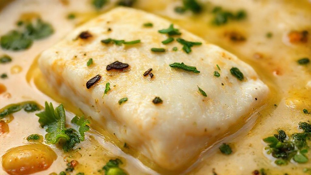 Close-up do bobó de bacalhau cremoso, destacando textura, azeite de dendê e coentro fresco