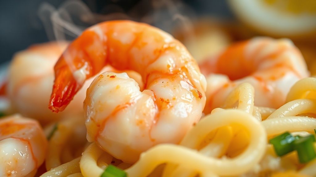 Close-up do bobó de camarão finalizado mostrando a textura cremosa e pedaços de camarão rosados