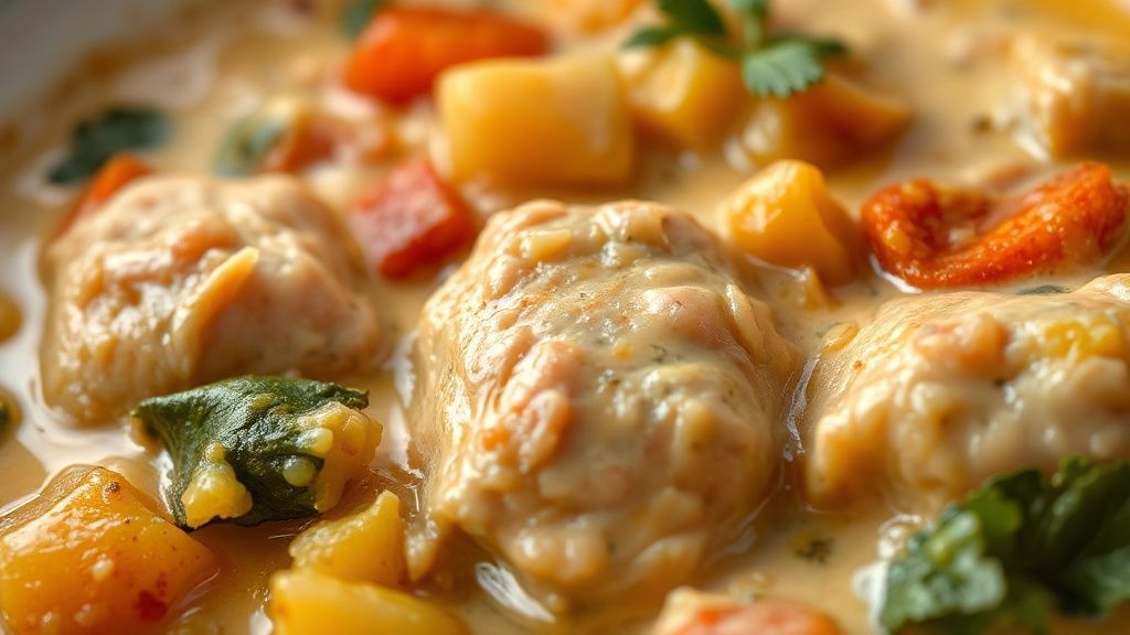 Close-up do bobó de frango com aipim finalizado, destacando a cremosidade e o colorido dos ingredientes