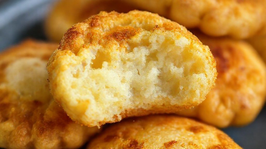 Close-up de bolinho de água aberto, mostrando interior macio e casquinha crocante